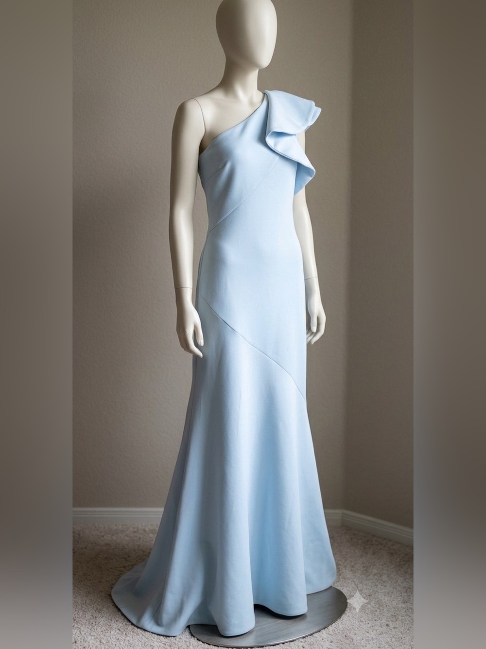 Elegant One-Shoulder Sky Blue Maxi Dress with Ruffle Sleeve
